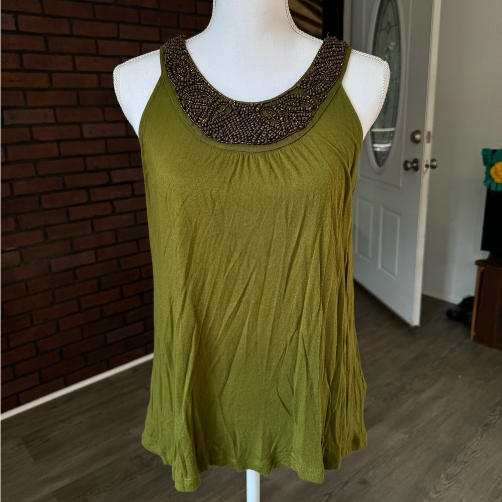 Apt 9 Olive Green Beaded Scoop Neck Tank‎ Top Petite Medium Boho Rayon